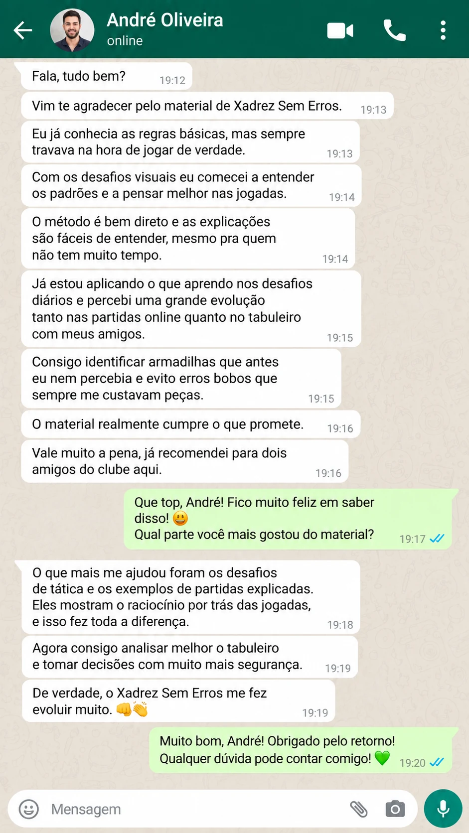 Depoimento de cliente sobre Xadrez Sem Erros