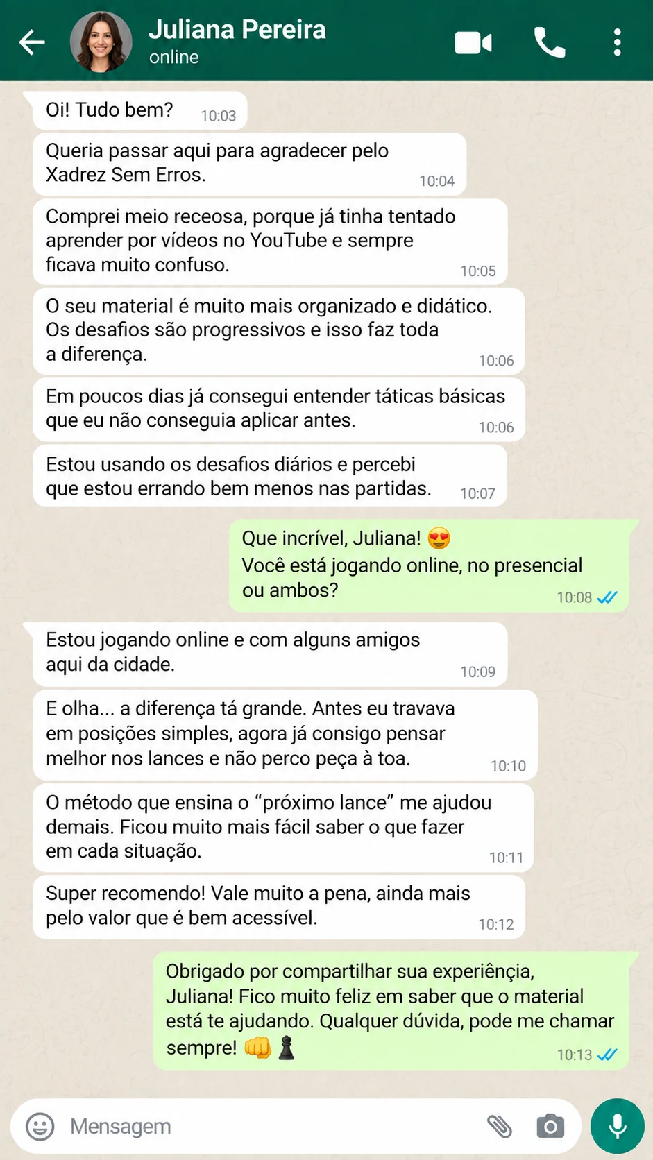 Depoimento de cliente sobre Xadrez Sem Erros