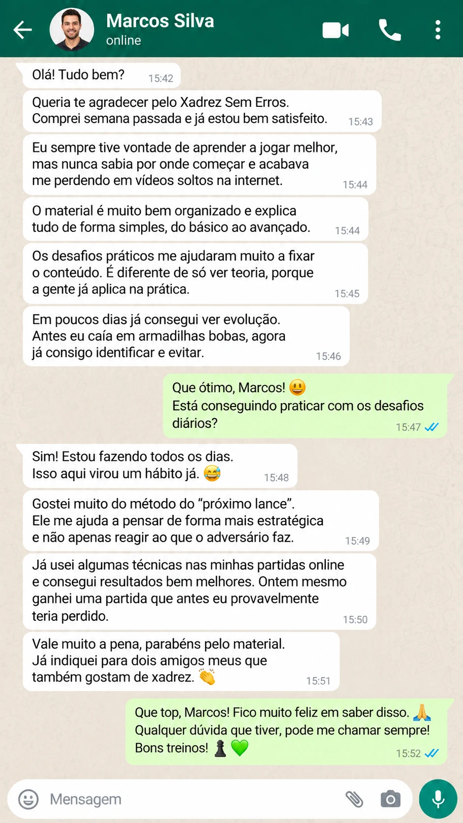 Depoimento de cliente sobre Xadrez Sem Erros